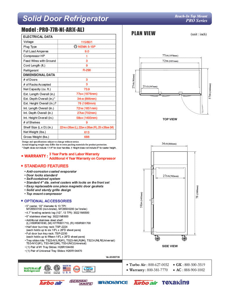 Turbo Air PRO-77R-N 78" Premiere Pro Series Solid Door Reach in Refrigerator - Donut-Equipment.com