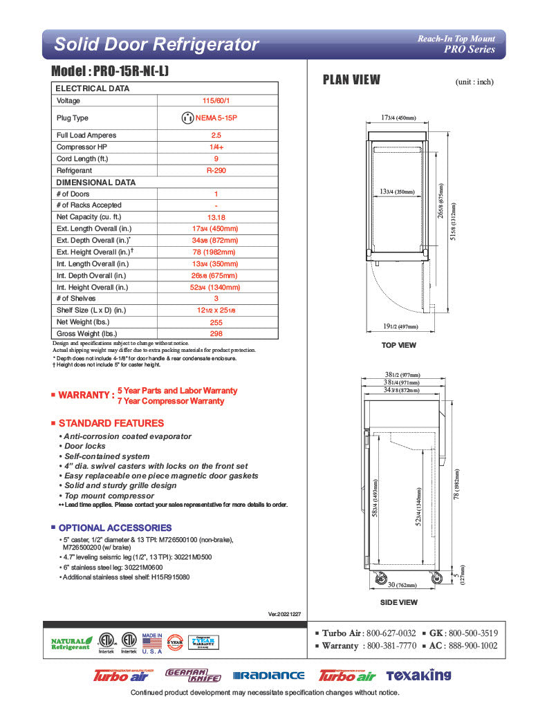 Turbo Air PRO-15R-N 17 3/4" One Section Reach In Refrigerator - (1) Right Hinge Solid Door, 115v - Donut-Equipment.com
