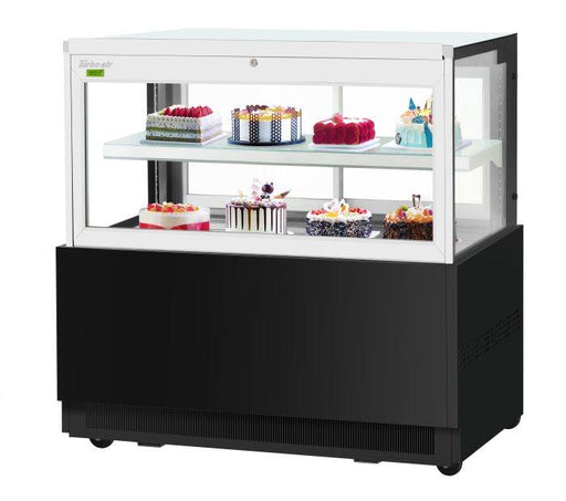 Turbo Air TBP60-46FN-B 59" Straight Glass Refrigerated Bakery Display Case, 2 Levels, Black Exterior, Lift-Up Front Glass, 115v - Donut-Equipment.com