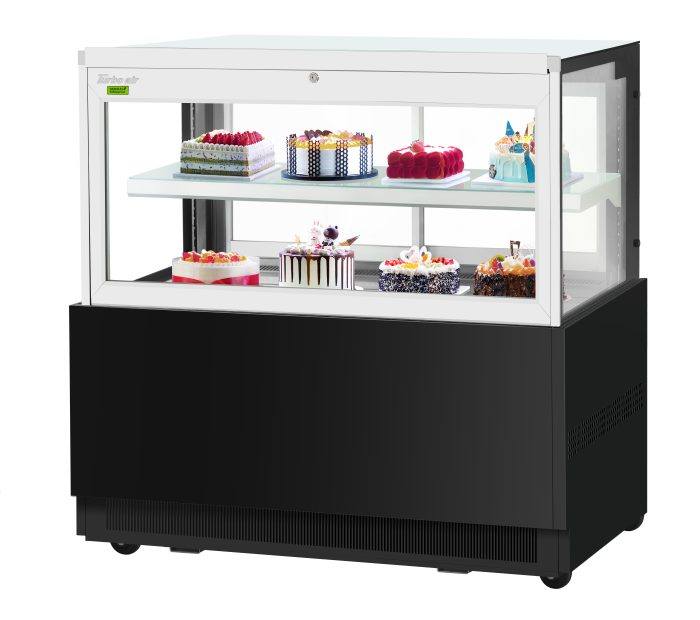 Turbo Air TBP60-46FN-B 59" Straight Glass Refrigerated Bakery Display Case, 2 Levels, Black Exterior, Lift-Up Front Glass, 115v - Donut-Equipment.com