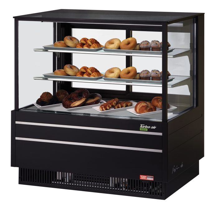 Turbo Air TCGB-48UF-DR-B 48" Straight Glass Full-Service Dry Bakery Display Case, 3 Levels, Black Exterior, 115v - Donut-Equipment.com