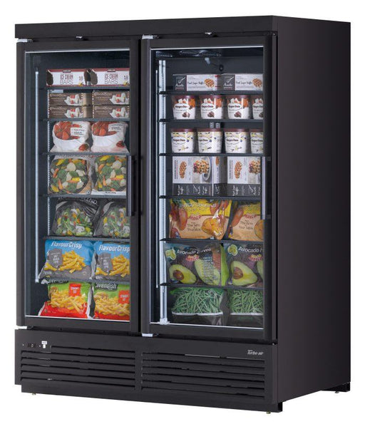 Turbo Air TJMF-55SDB-N 65" Black Super Deluxe Two Section Glass Door Display Freezer – (2) Swing Doors, 115v - Donut-Equipment.com