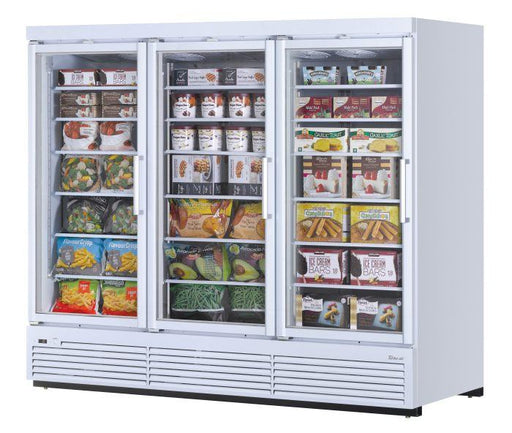 Turbo Air TJMF-85SDW-N 97 1/2" White Super Deluxe Three Section Glass Door Display Freezer – (3) Swing Doors, 115v - Donut-Equipment.com