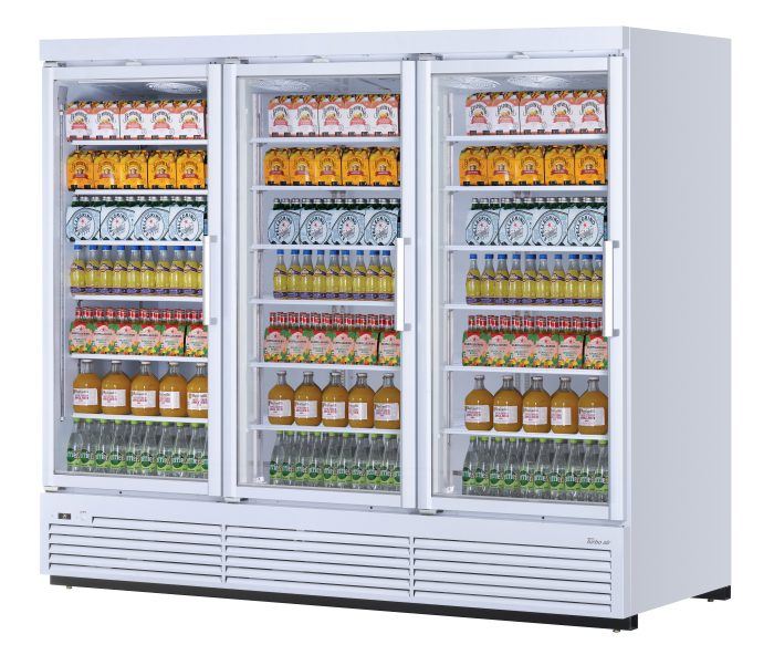 Turbo Air TJMR-85SDW-N 97 1/2" White Super Deluxe Three Section Glass Door Merchandiser – (3) Swing Doors, 115v - Donut-Equipment.com