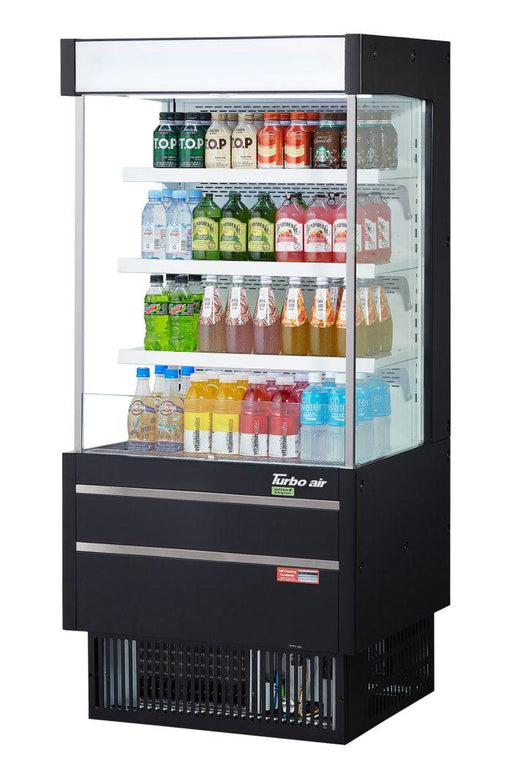 Turbo Air TOM-25MSEB-N 28" Black Narrow Depth Vertical Open Air Cooler / Air Curtain Display Case with (4) Levels, 115v - Donut-Equipment.com