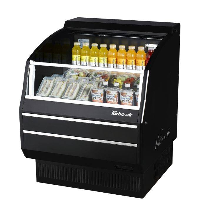 Turbo Air TOM-30SB-SP-N 28" Black Horizontal Refrigerated Open Curtain Merchandiser w/ Stainless Steel Interior – Slim Line, 115v - Donut-Equipment.com