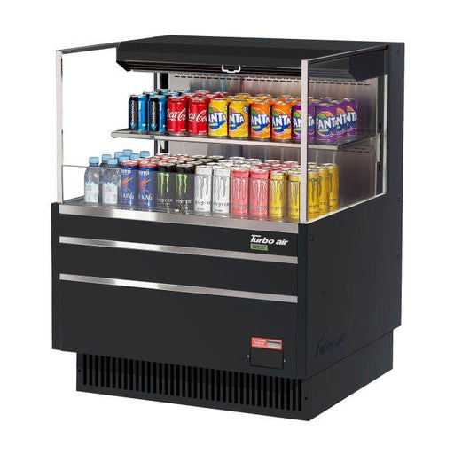 Turbo Air TOM-36L-UF-B-2S-N 34 3/4" Black Low Profile Horizontal Open Air Cooler w/ (2) Levels – Ultra Front Merchandiser, 115v - Donut-Equipment.com