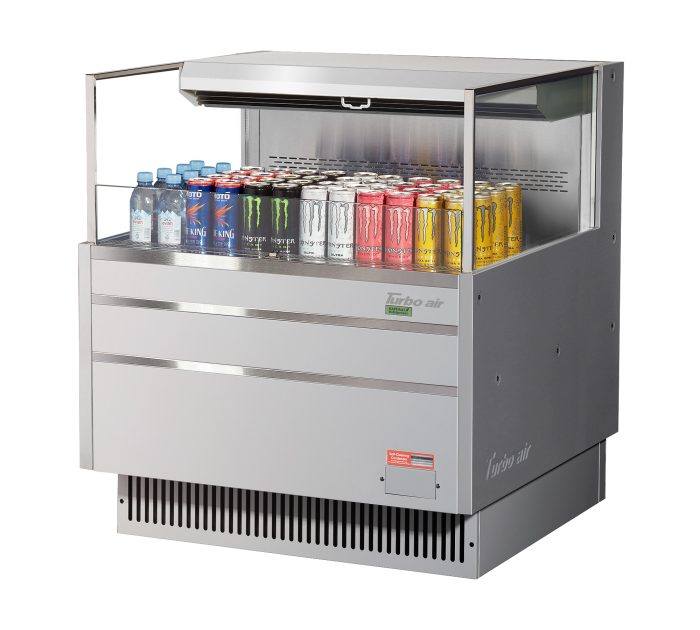 Turbo Air TOM-36L-UF-S-1S-N 35" Stainless Steel Low Profile Horizontal Open Air Cooler w/ (1) Level – Ultra Front Merchandiser, 115v - Donut-Equipment.com