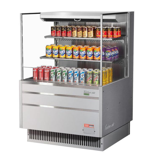 Turbo Air TOM-36L-UF-S-3S-N 35" Stainless Steel Low Profile Horizontal Open Air Cooler w/ (3) Levels – Ultra Front Merchandiser, 115v - Donut-Equipment.com