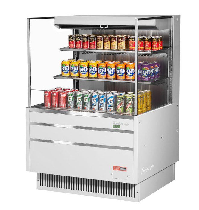 Turbo Air TOM-36L-UF-W-3S-N 34 3/4" White Low Profile Horizontal Open Air Cooler w/ (3) Levels – Ultra Front Merchandiser, 115v - Donut-Equipment.com