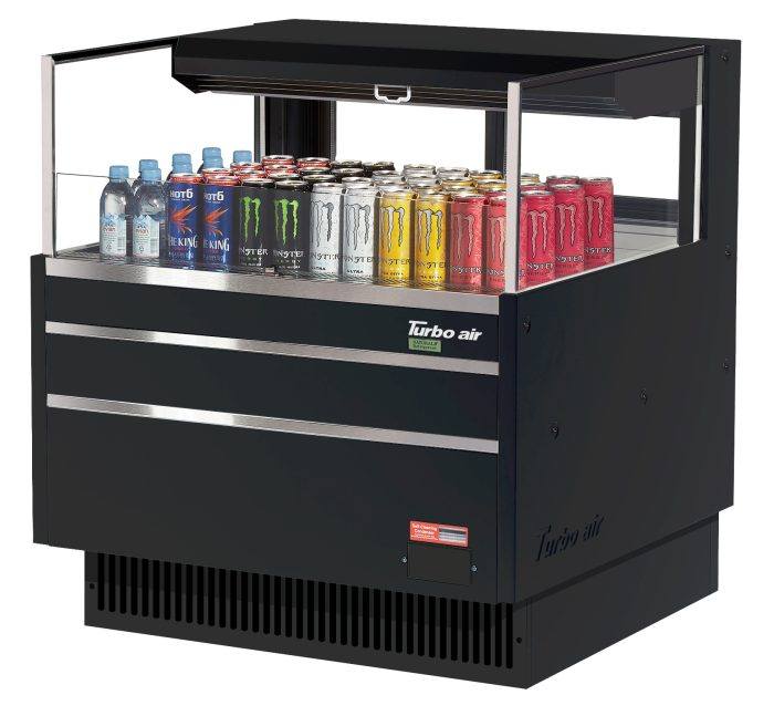 Turbo Air TOM-36L-UFD-B-1S-N 34 3/4" Black Low Profile Horizontal Open Air Cooler w/ (1) Level – Ultra Front Deluxe Merchandiser, 115v - Donut-Equipment.com