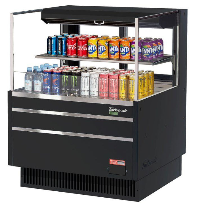 Turbo Air TOM-36L-UFD-B-2S-N 34 3/4" Black Low Profile Horizontal Open Air Cooler w/ (2) Levels – Ultra Front Deluxe Merchandiser, 115v - Donut-Equipment.com