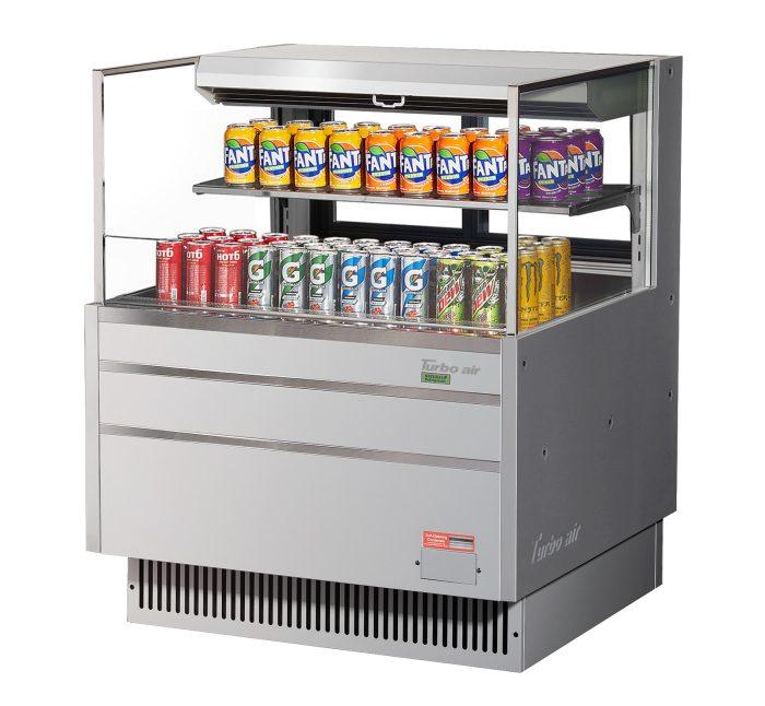 Turbo Air TOM-36L-UFD-S-2S-N 34 3/4" Stainless Steel Low Profile Horizontal Open Air Cooler w/ (2) Levels – Ultra Front Deluxe Merchandiser, 115v - Donut-Equipment.com