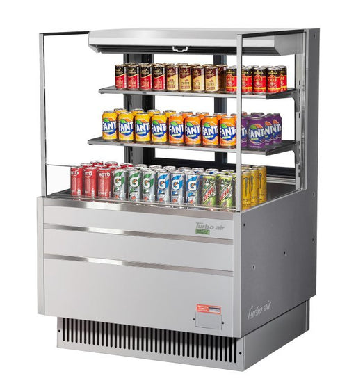 Turbo Air TOM-36L-UFD-S-3S-N 34 3/4" Stainless Steel Low Profile Horizontal Open Air Cooler w/ (3) Levels – Ultra Front Deluxe Merchandiser, 115v - Donut-Equipment.com