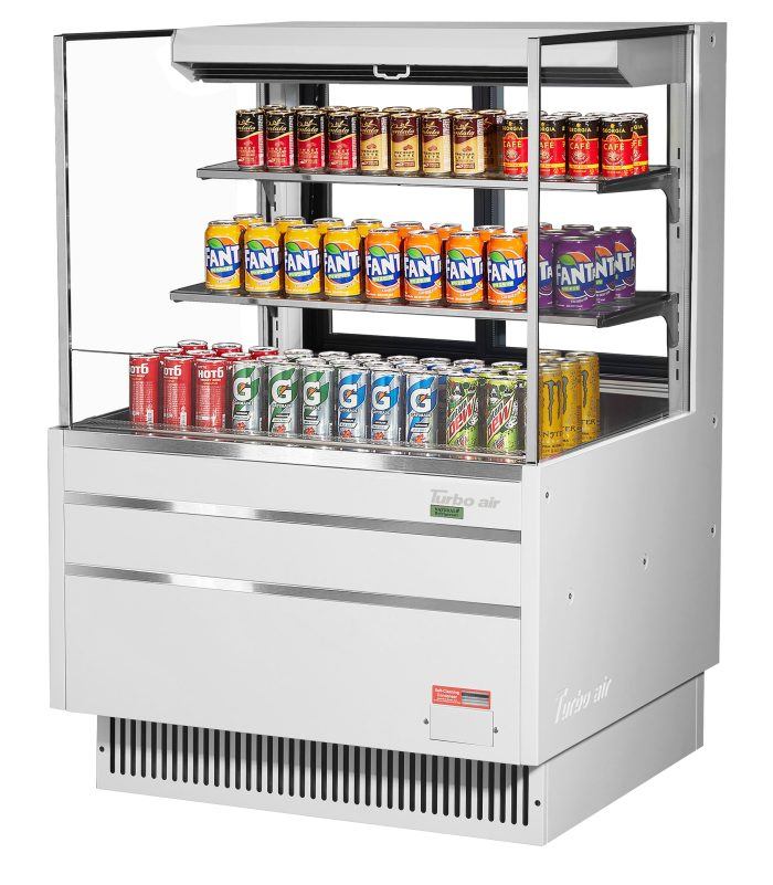 Turbo Air TOM-36L-UFD-W-3S-N 34 3/4" White Low Profile Horizontal Open Air Cooler w/ (3) Levels – Ultra Front Deluxe Merchandiser, 115v - Donut-Equipment.com