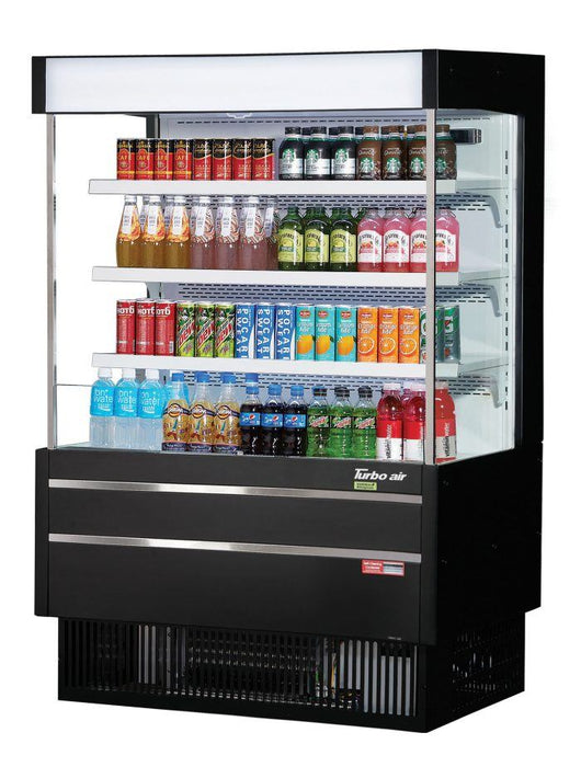 Turbo Air TOM-40MSEB-N 39 3/8" Black Narrow Depth Vertical Open Air Cooler / Air Curtain Display Case with (4) Levels, 115v - Donut-Equipment.com