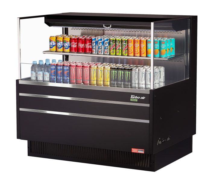 Turbo Air TOM-48L-UF-B-2S-N 46 3/4" Black Low Profile Horizontal Open Air Cooler w/ (2) Levels – Ultra Front Merchandiser, 115v - Donut-Equipment.com