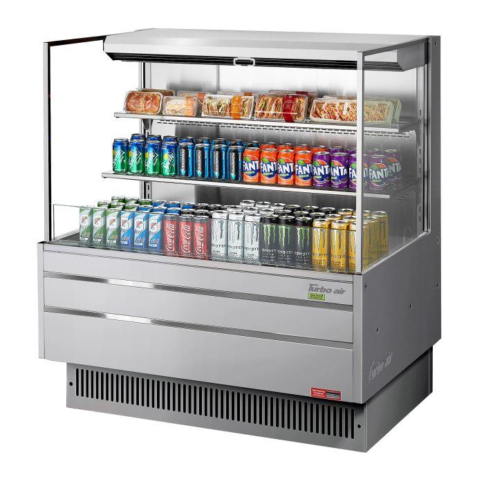 Turbo Air TOM-48L-UF-S-3S-N 46 3/4" Stainless Steel Low Profile Horizontal Open Air Cooler w/ (3) Levels – Ultra Front Merchandiser, 115v - Donut-Equipment.com