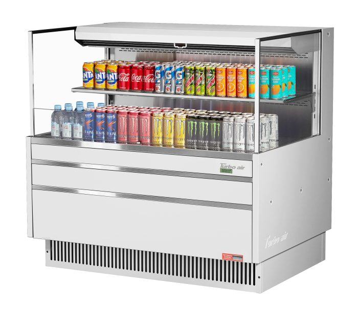 Turbo Air TOM-48L-UF-W-2S-N 46 3/4" White Low Profile Horizontal Open Air Cooler w/ (2) Levels – Ultra Front Merchandiser, 115v - Donut-Equipment.com