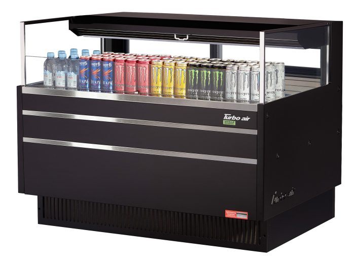 Turbo Air TOM-48L-UFD-B-1S-N 46 3/4" Black Low Profile Horizontal Open Air Cooler w/ (1) Level – Ultra Front Deluxe Merchandiser, 115v - Donut-Equipment.com