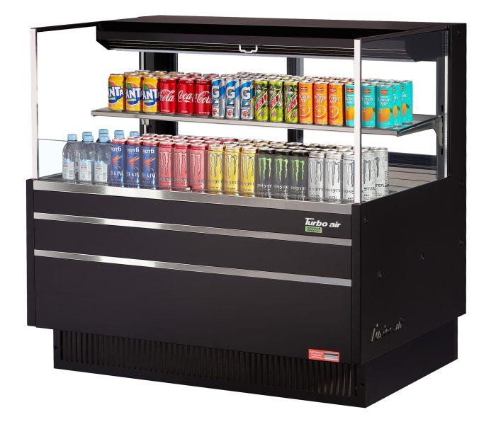 Turbo Air TOM-48L-UFD-B-2S-N 46 3/4" Black Low Profile Horizontal Open Air Cooler w/ (2) Levels – Ultra Front Deluxe Merchandiser, 115v - Donut-Equipment.com