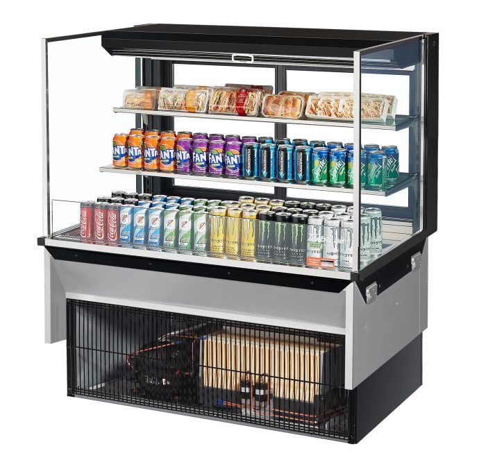 Turbo Air TOM-48L-UFD-B-3SI-N 48" Drop-In Horizontal Open Air Cooler w/ (3) Levels – Black Exterior, 115v - Donut-Equipment.com