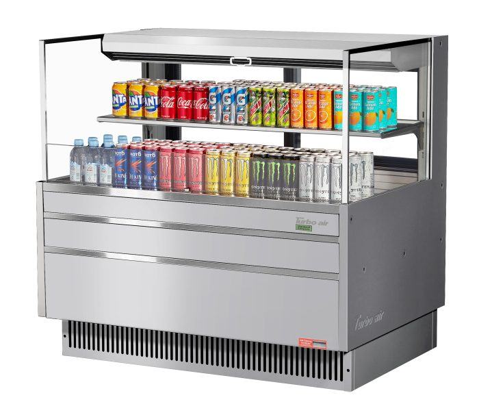 Turbo Air TOM-48L-UFD-S-2S-N 46 3/4" Stainless Steel Low Profile Horizontal Open Air Cooler w/ (2) Levels – Ultra Front Deluxe Merchandiser, 115v - Donut-Equipment.com