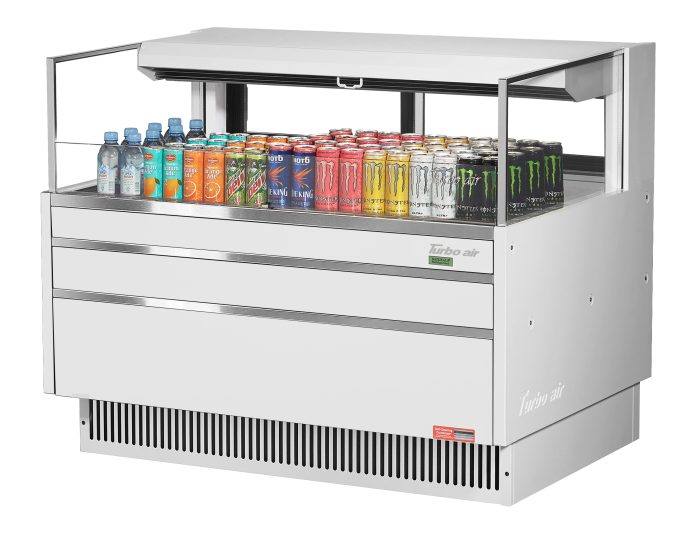 Turbo Air TOM-48L-UFD-W-1S-N 46 3/4" White Low Profile Horizontal Open Air Cooler w/ (1) Level – Ultra Front Deluxe Merchandiser, 115v - Donut-Equipment.com