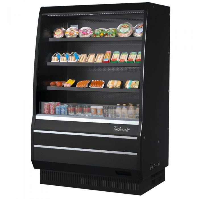 Turbo Air TOM-50MB-SP-N 50 7/8" Vertical Open Air Cooler w/ (4) Levels – Black Exterior, 115v - Donut-Equipment.com