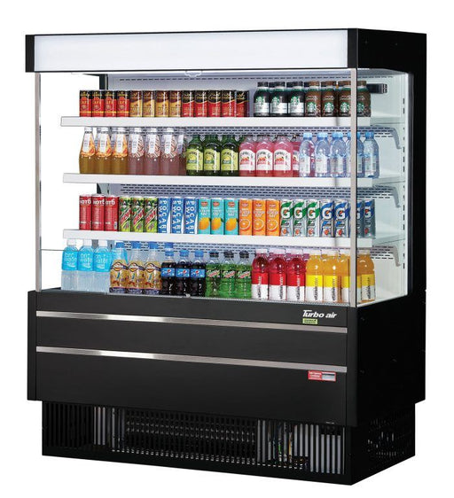 Turbo Air TOM-50MSEB-N 51 1/8" Black Narrow Depth Vertical Open Air Cooler / Air Curtain Display Case with (4) Levels, 115v - Donut-Equipment.com
