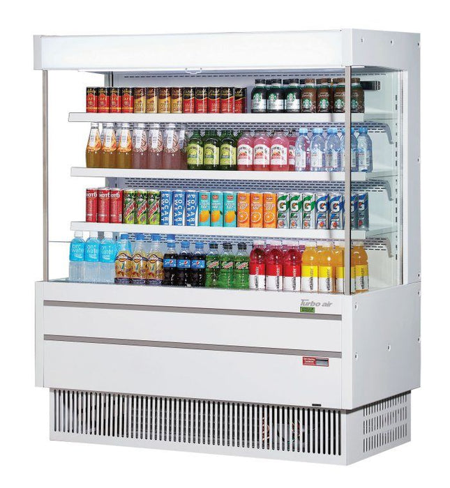 Turbo Air TOM-50MSEW-N 51 1/8" White Narrow Depth Vertical Open Air Cooler / Air Curtain Display Case with (4) Levels, 115v - Donut-Equipment.com