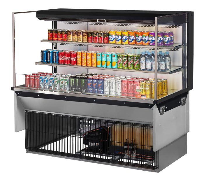 Turbo Air TOM-60L-UF-B-3SI-N 59 7/8" Drop-In Horizontal Open Air Cooler w/ (3) Levels – Black Exterior, 115v - Donut-Equipment.com
