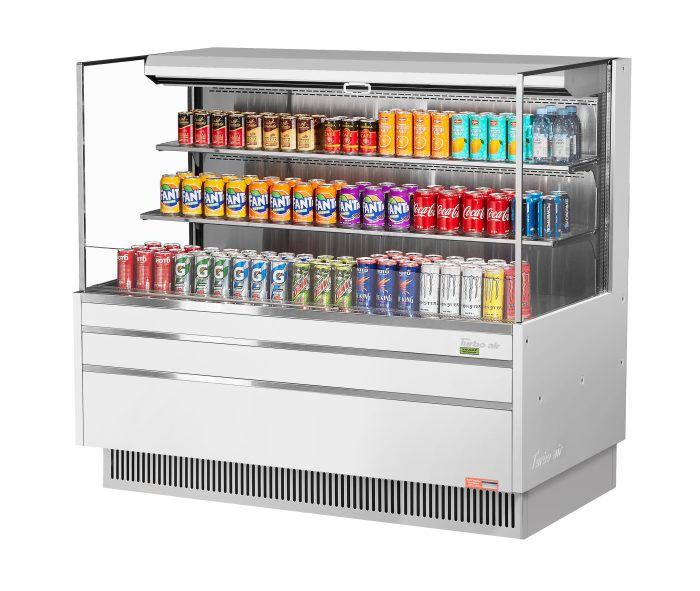 Turbo Air TOM-60L-UF-W-3S-N 58 3/4" White Low Profile Horizontal Open Air Cooler w/ (3) Levels – Ultra Front Merchandiser, 115v - Donut-Equipment.com