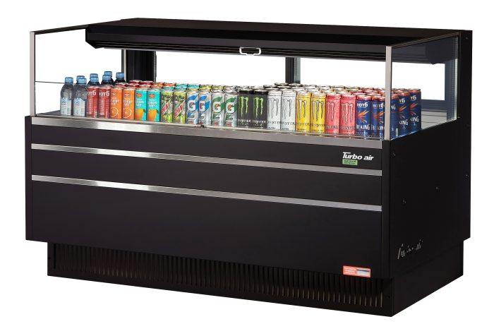 Turbo Air TOM-60L-UFD-B-1S-N 58 3/4" Black Low Profile Horizontal Open Air Cooler w/ (1) Level – Ultra Front Deluxe Merchandiser, 115v - Donut-Equipment.com