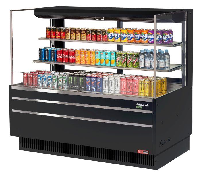 Turbo Air TOM-60L-UFD-B-3S-N 58 3/4" Black Low Profile Horizontal Open Air Cooler w/ (3) Levels – Ultra Front Deluxe Merchandiser, 115v - Donut-Equipment.com