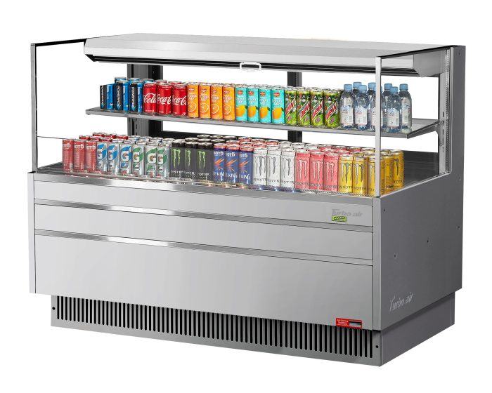 Turbo Air TOM-60L-UFD-S-2S-N 58 3/4" Stainless Steel Low Profile Horizontal Open Air Cooler w/ (2) Levels – Ultra Front Deluxe Merchandiser, 115v - Donut-Equipment.com