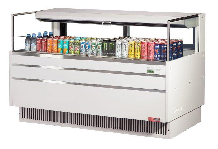 Turbo Air TOM-60L-UFD-W-1S-N 58 3/4" White Low Profile Horizontal Open Air Cooler w/ (1) Level – Ultra Front Deluxe Merchandiser, 115v - Donut-Equipment.com