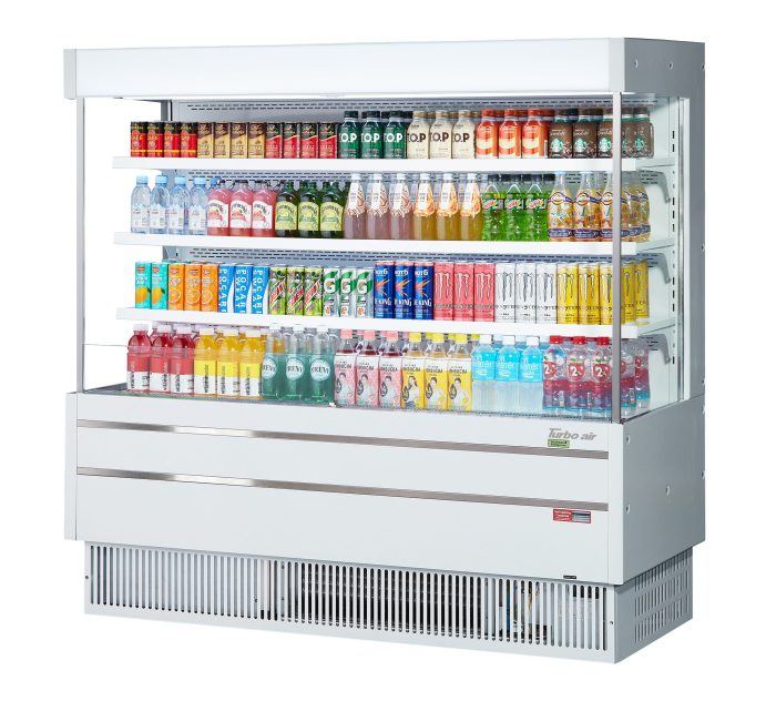 Turbo Air TOM-60MSEW-N 63 1/4" White Narrow Depth Vertical Open Air Cooler / Air Curtain Display Case with (4) Levels, 115v - Donut-Equipment.com