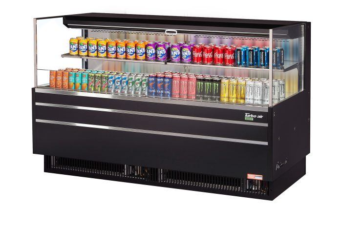 Turbo Air TOM-72L-UF-B-2S-N 70 3/4" Black Low Profile Horizontal Open Air Cooler w/ (2) Levels – Ultra Front Merchandiser, 220v/1ph - Donut-Equipment.com