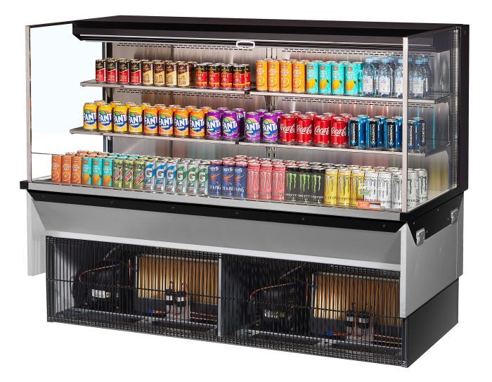 Turbo Air TOM-72L-UF-B-3SI-N 71 7/8" Drop-In Horizontal Open Air Cooler w/ (3) Levels – Black Exterior, 220v/1ph - Donut-Equipment.com
