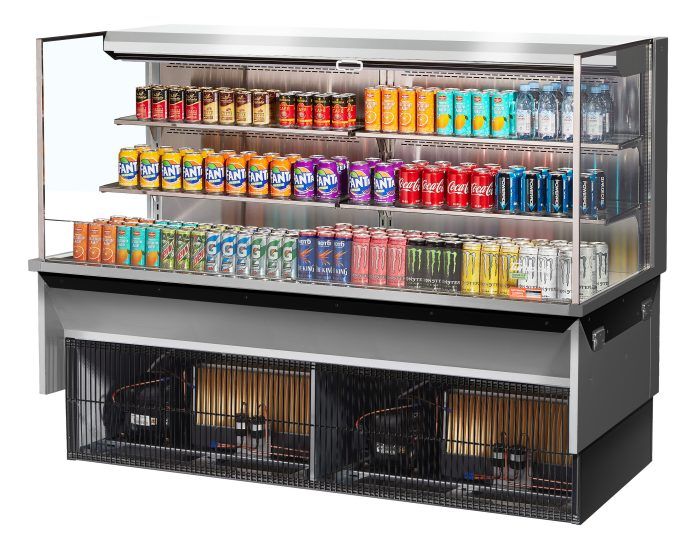 Turbo Air TOM-72L-UF-S-3S-N 71" Stainless Steel Horizontal Refrigerated Open Curtain Merchandiser w/ (4) Levels, 220v/1ph - Donut-Equipment.com