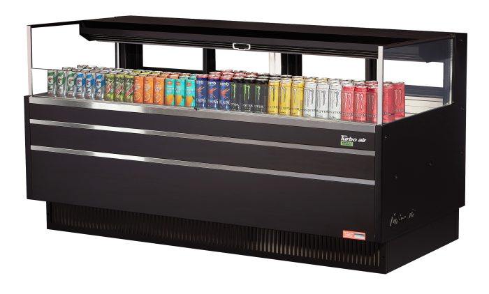 Turbo Air TOM-72L-UFD-B-1S-N 70 3/4" Black Low Profile Horizontal Open Air Cooler w/ (1) Level – Ultra Front Deluxe Merchandiser, 220v/1ph - Donut-Equipment.com