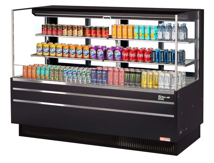 Turbo Air TOM-72L-UFD-B-3S-N 70 3/4" Black Low Profile Horizontal Open Air Cooler w/ (3) Levels – Ultra Front Deluxe Merchandiser, 220v/1ph - Donut-Equipment.com