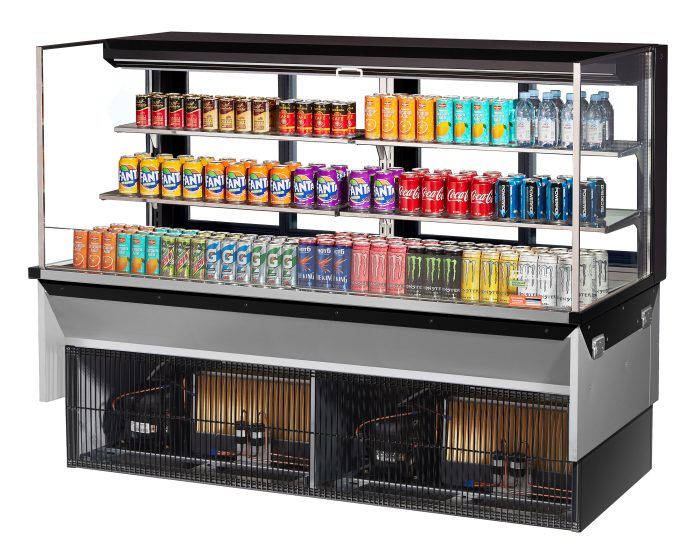 Turbo Air TOM-72L-UFD-B-3SI-N 72" Drop-In Horizontal Open Air Cooler w/ (3) Levels – Black Exterior, 220v/1ph - Donut-Equipment.com