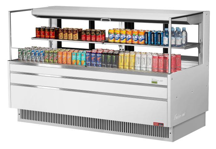 Turbo Air TOM-72L-UFD-W-2S-N 70 3/4" White Low Profile Horizontal Open Air Cooler w/ (2) Levels – Ultra Front Deluxe Merchandiser, 220v/1ph - Donut-Equipment.com