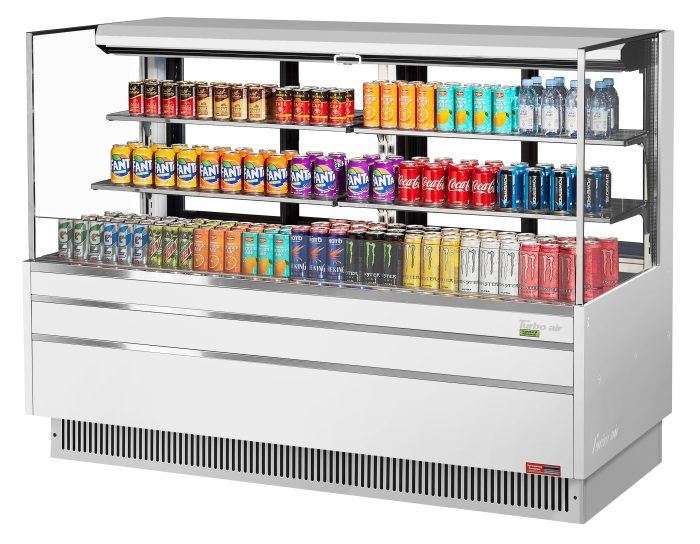 Turbo Air TOM-72L-UFD-W-3S-N 70 3/4" White Low Profile Horizontal Open Air Cooler w/ (3) Levels – Ultra Front Deluxe Merchandiser, 220v/1ph - Donut-Equipment.com