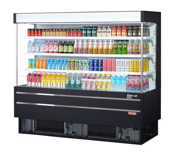 Turbo Air TOM-75MSEB-N 75 1/2" Black Narrow Depth Vertical Open Air Cooler / Air Curtain Display Case with (4) Levels, 220v - Donut-Equipment.com
