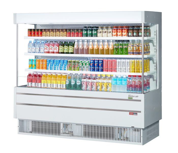 Turbo Air TOM-75MSEW-N 75 1/2" White Narrow Depth Vertical Open Air Cooler / Air Curtain Display Case with (4) Levels, 220v - Donut-Equipment.com