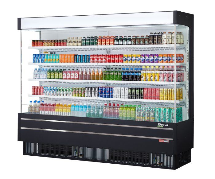 Turbo Air TOM-96SEB-N 100 1/8" Black Narrow Depth Vertical Open Air Cooler / Air Curtain Display Case with (5) Levels, 220v/1ph - Donut-Equipment.com