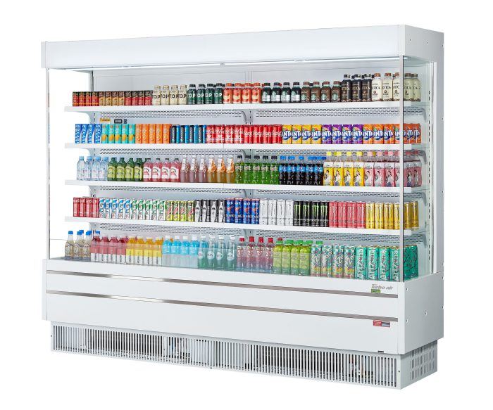 Turbo Air TOM-96SEW-N 100 1/8" White Narrow Depth Vertical Open Air Cooler / Air Curtain Display Case with (5) Levels, 220v/1ph - Donut-Equipment.com